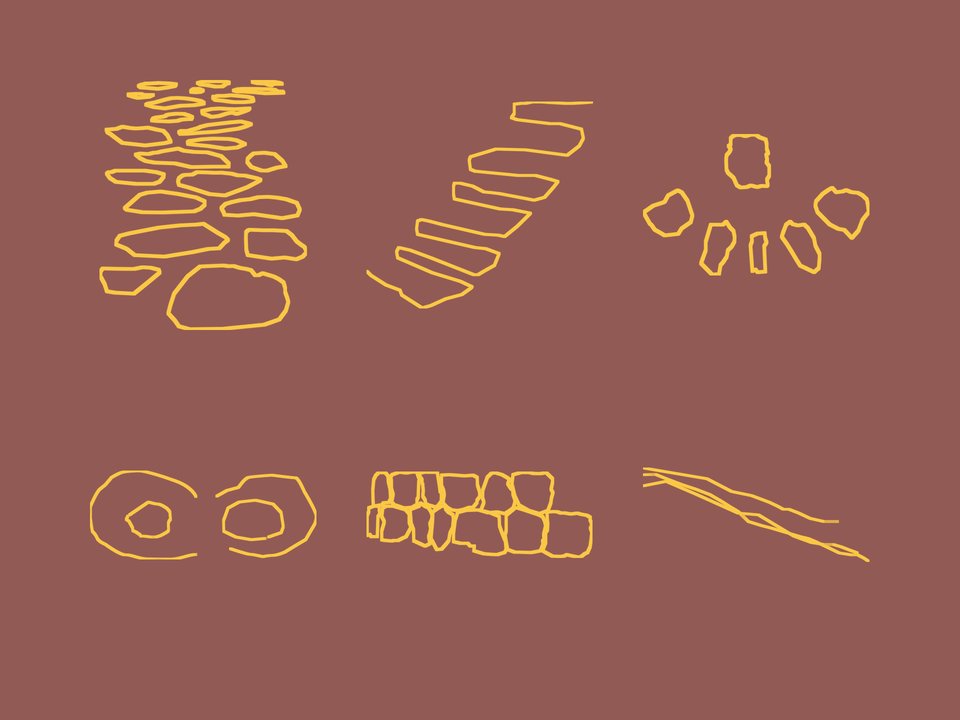 Yellow linework icons of stepping stones, granite steps, a stone circle, a pond, a stone wall and woven willow on burgundy